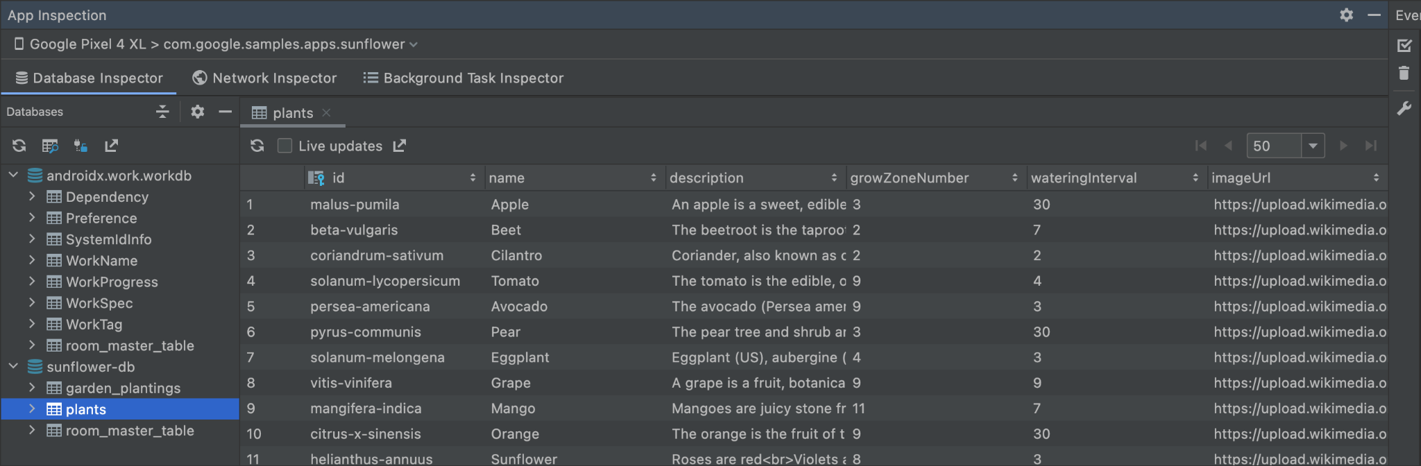 Android Studio Database Inspector showing the POS app's database queries.