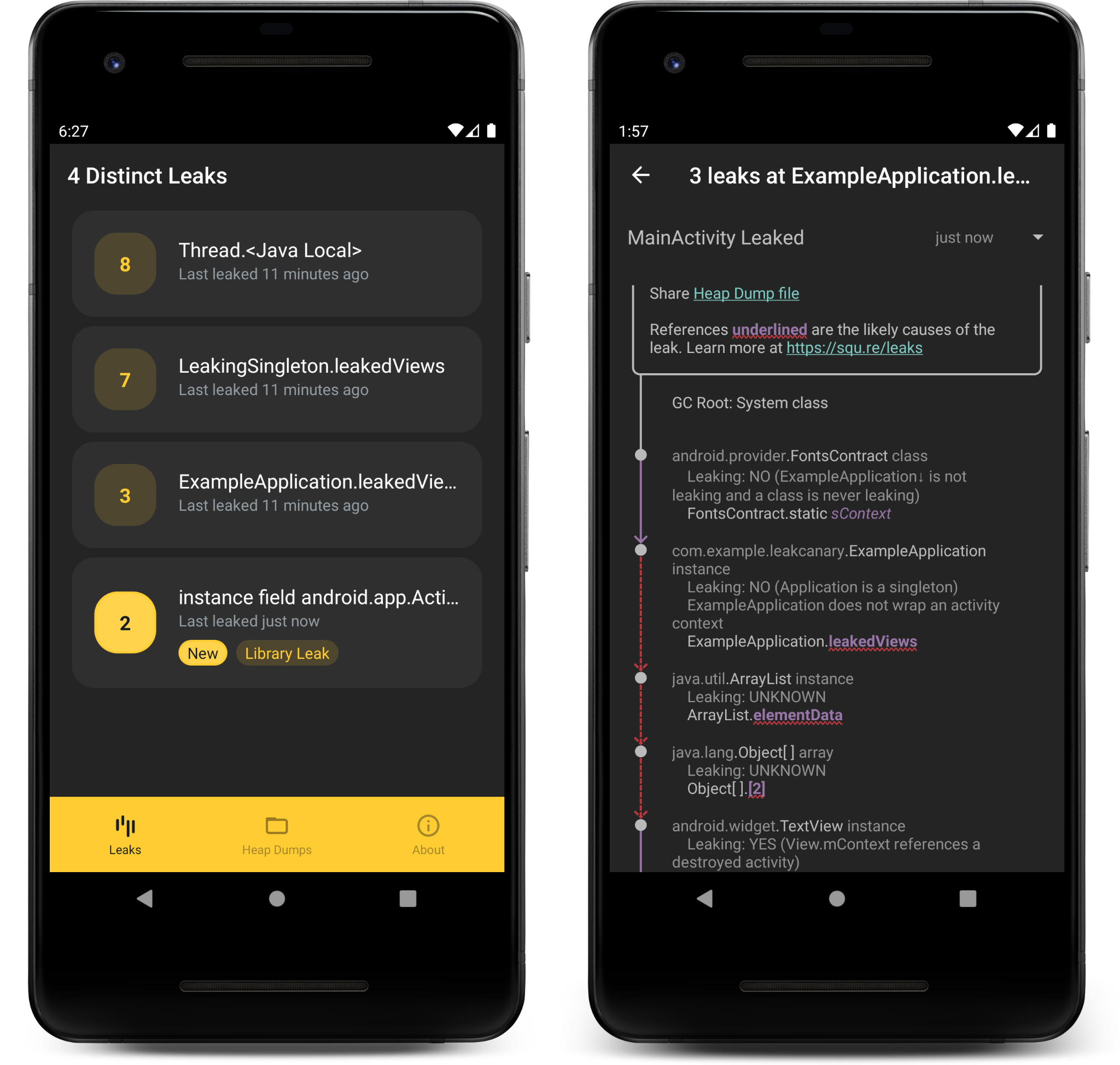 LeakCanary showing detected memory leaks and their reference paths on an Android device.