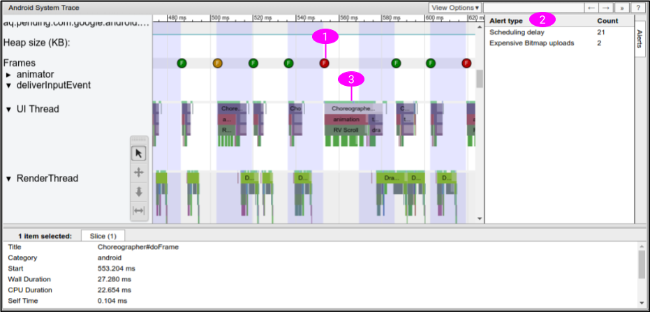 Android System Trace highlighting UI rendering and frame timing.